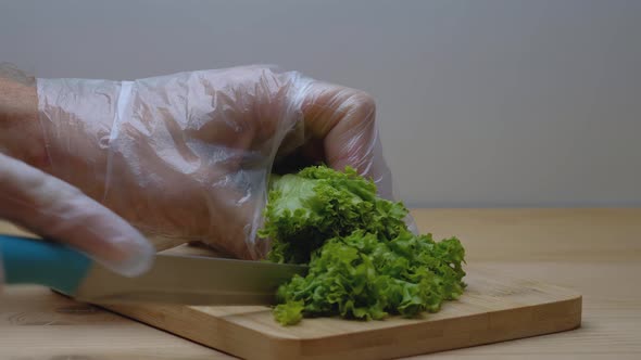 A chef in gloves cuts a fresh green salad with a knife. Food preparation. alt