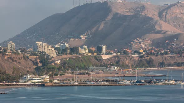 Aerial View of Lima's Coastline with Mountain in Background Timelapse Lima Peru alt