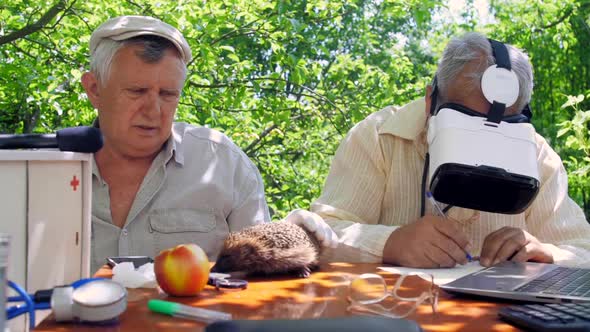 Senior in Sterile Glove Pets Hedgehog Near Writing Friend alt