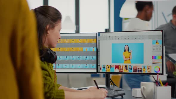 Freelancer Retoucher Woman Working on Computer with Photo Editing Software alt
