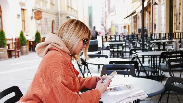 Beautiful Young Businesswoman Wearing White Shirt and Using Modern Smartphone alt