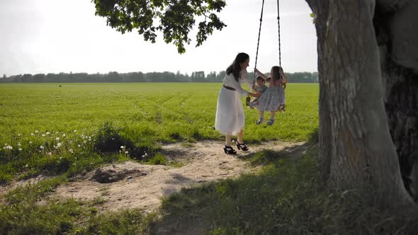 A Young Woman Is Swinging on a Swing Two of Her Children 1 and 3 Years Old alt