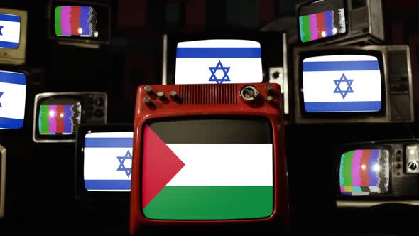 Palestine Flag and Israel Flags on Retro TVs.