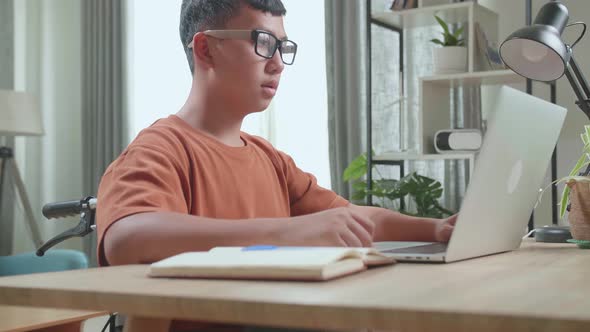 Asian Boy Sitting In A Wheelchair And Raise Hand Before Asking A Question While Learning Online alt