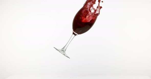 Glass of Red Wine Falling and Splashing against White Background, Slow motion 4K
