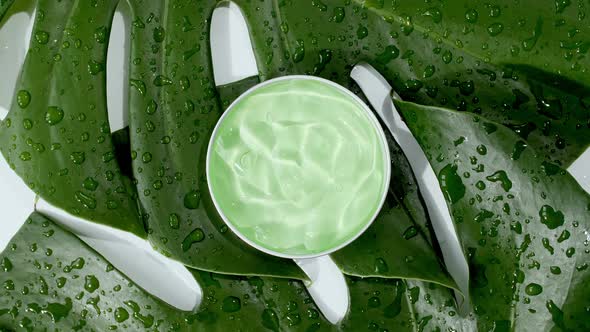 Green Cosmetic Cream with Rotation on Background of Tropical Leaves Monstera alt