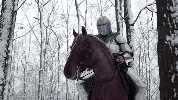 Portrait of Frightening Armed Knight Wearing Steel Protection and Helmet Being Horseback on alt