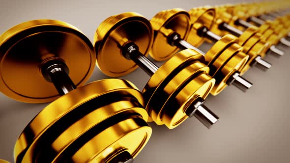 Animation of golden dumbbells. 3D view of weightlifting equipment. Loopable. HD alt