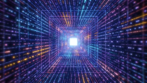 Digital glowing particles tunnel network abstract background alt