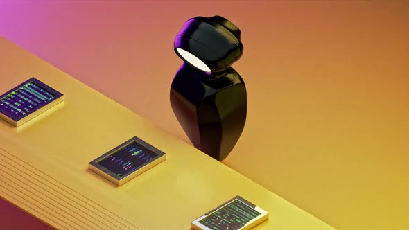 Ai Machine Learning Robot training by the conveyor belt. alt