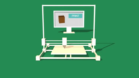 Simple Animation of Printing a plant box with a 3D Printer. Green Background. alt
