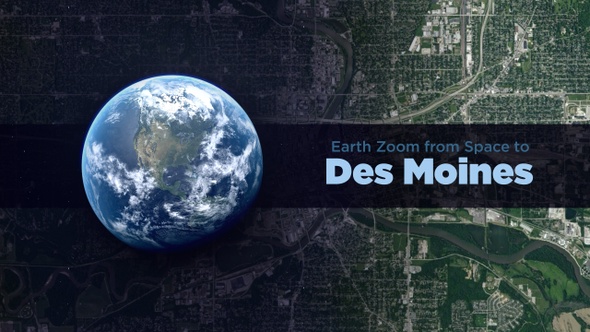 Des Moines (Iowa, USA) Earth Zoom to the City from Space