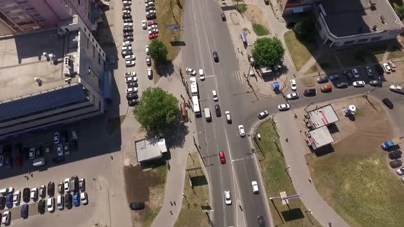 Top View of Samara City From Flying Drone, Cars Are Moving on Road