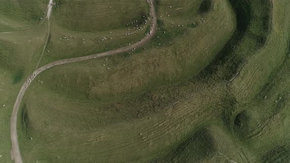 Wide top down aerial of the main western gate ramparts at Maiden Castle, near Dorchester in Dorset. alt