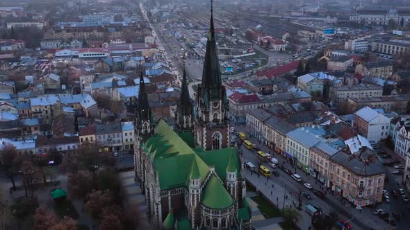 Aerial View of the Historical Center of Lviv Near Church of Saints Olga and Elizabeth alt