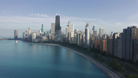 Aerial Chicago Downtown Skyline From Lake Michigan Big City Panorama Sunset alt