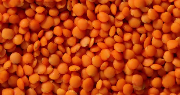 Rotation red lentils texture background, Dry orange lentil grains pattern