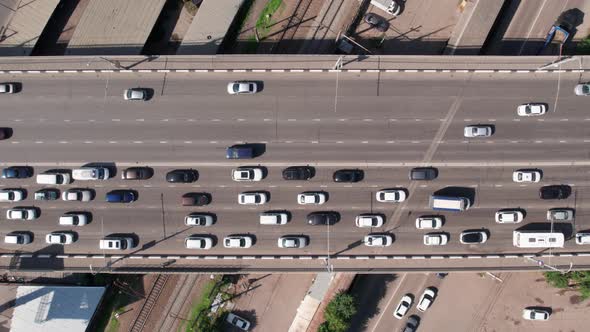 Transport Aerials  Top Down View of Freeway Busy City Rush Hour Heavy Traffic Jam Highway Bridge alt