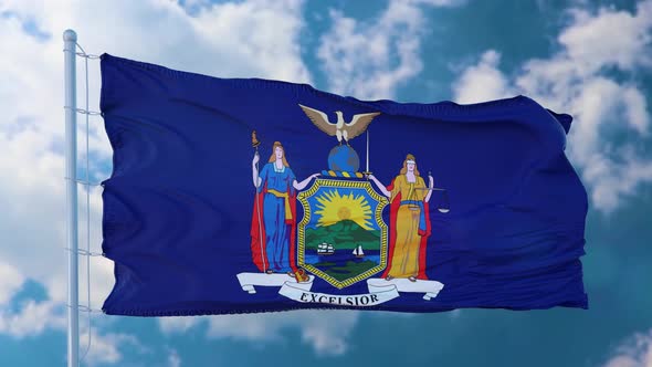 Flag of New York State Region of the United States Waving at Wind alt