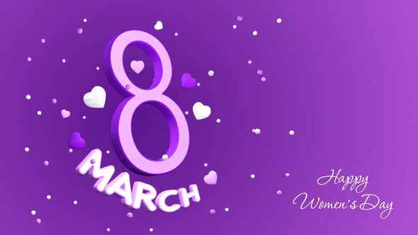 A Happy Women's Day animation with 3D text and hearts on a seamless loop alt