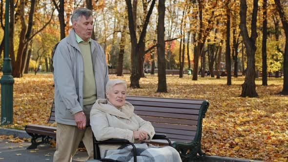 Elderly Caucasian Carefree Middle Aged Couple Grandparents Walk in Autumn Park Grandfather Push alt