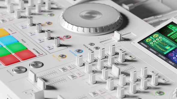 Bright white DJ Set in a looping animation. Music equipment in a studio light 4K