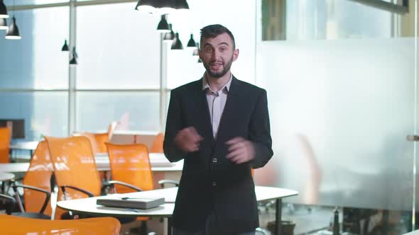 Smiling Confident Handsome Businessman Talking Waving Goodbye Leaving Office alt