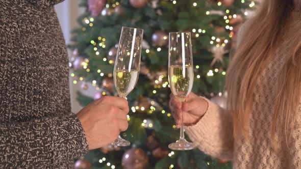Male and Female Hands Holds Goblet Bubbly Cheers. alt