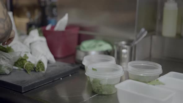 Restaurant Chef Sorts Herbs Into Containers on Kitchen Counter Slomo alt
