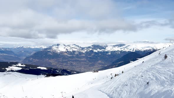 Overview of Alpine Ski Tracks and Mountain Tops High in the Alps