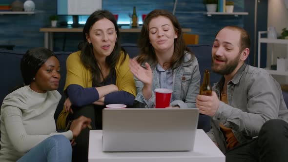 Happy Multiethnic Friends Greeting Her Collegue During Online Videocall Meeting alt