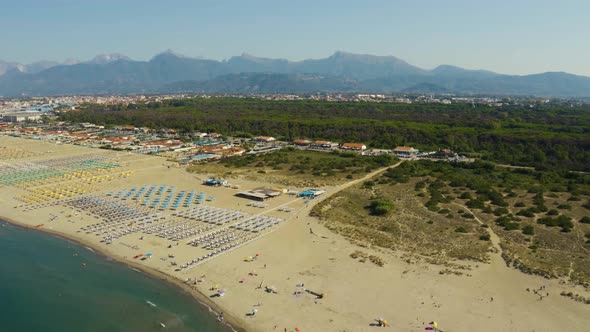 Aerial, Large Sand Beach In The Morning In Viareggio, Italy