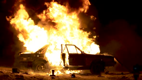Car Explosion On Night, Car On Fire