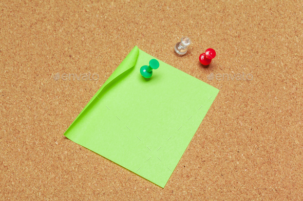 Cork board with several colorful blank notes with pins Stock Photo by  FabrikaPhoto