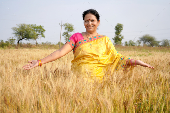 Beautiful young Indian woman wear in saree at the wheat field Stock ...