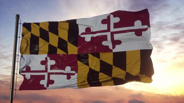 Flag of Maryland Waving in the Wind Against Deep Beautiful Sky at Sunset alt