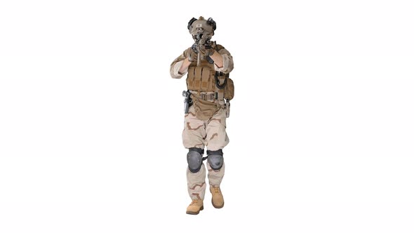 Soldier Walking and Aiming with Assault Rifle on White Background