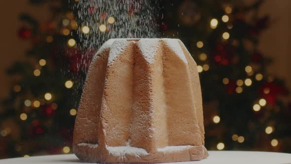 Christmas cake with powdered sugar. Pandoro alt