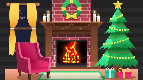 Cartoon Christmas Interior With Fireplace Loop