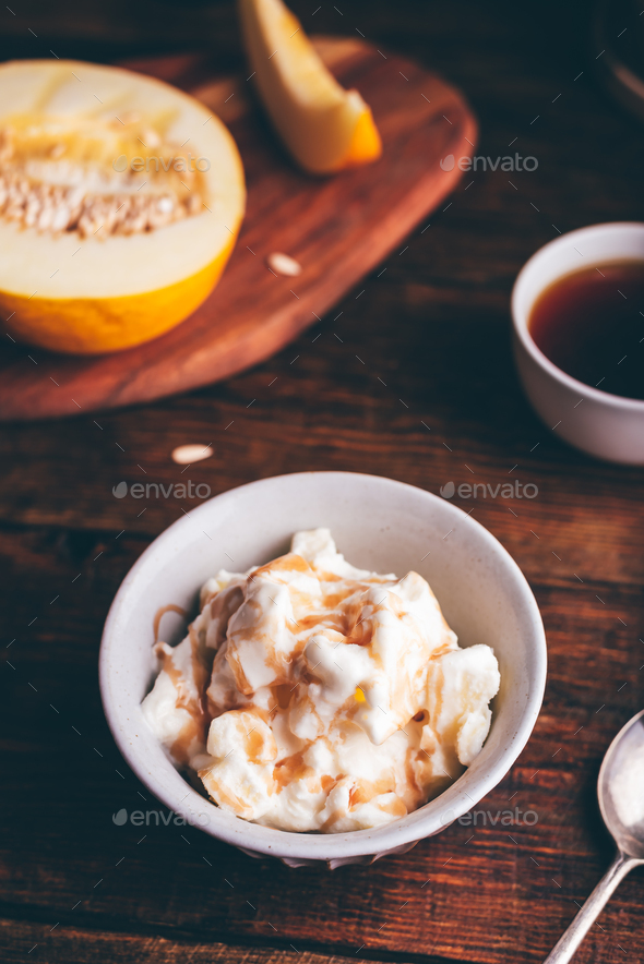 Honeydew Melon Ice Cream with Berry Syrup Stock Photo by Seva_blsv