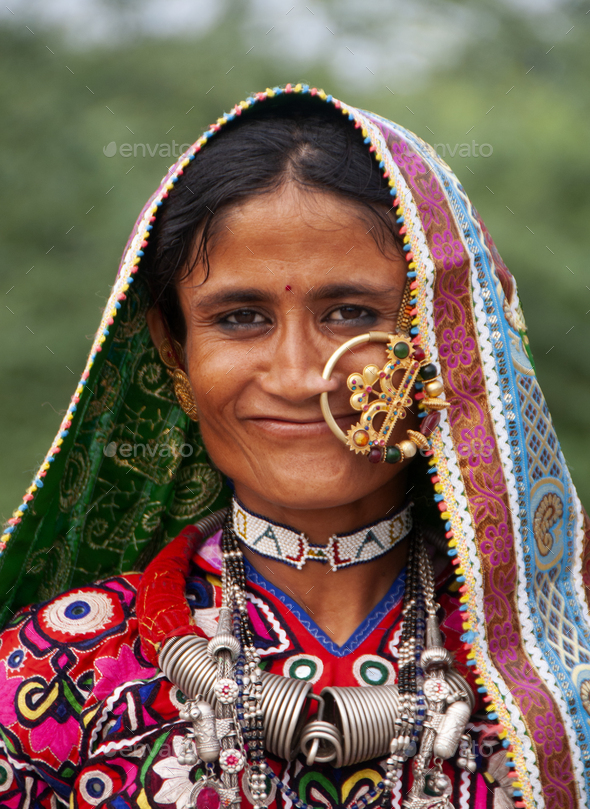 Portrait of traditional beautiful tribal woman, India. Stock Photo by ...