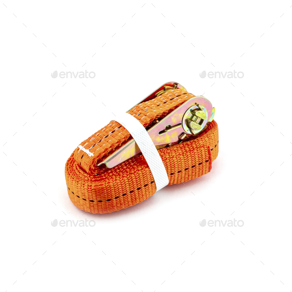 Trailer strop or strap in orange nylon and metal tie isolated over white background