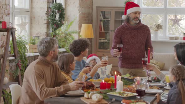 Senior Man in Santa Hat Giving Toast during Christmas Dinner alt