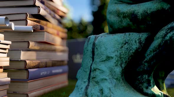 Thinker sculpture and books alt