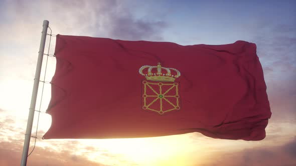Navarre Flag Spain Waving in the Wind Sky and Sun Background alt
