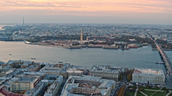 Aerial view of Saint Petersburg city in sunset. Peter and Paul fortress