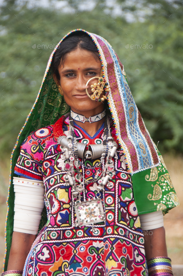 Portrait of traditional beautiful tribal woman, India. Stock Photo by ...