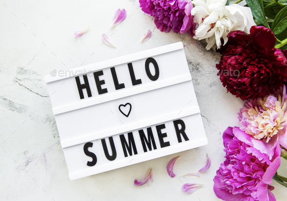 Light box with Hello Summer text and peonies