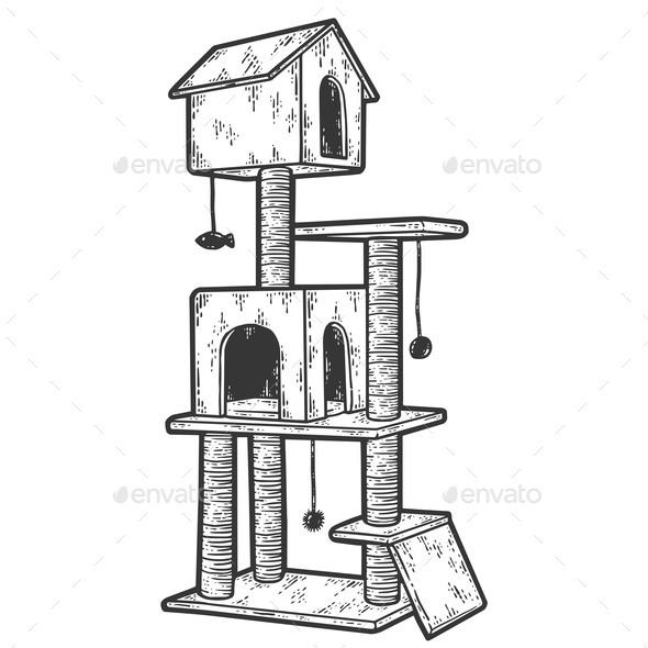Cat Tree with Cat House and Scratching Post, Vectors GraphicRiver