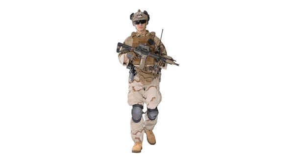 US Army Soldier in Combat Uniform Walking on White Background alt
